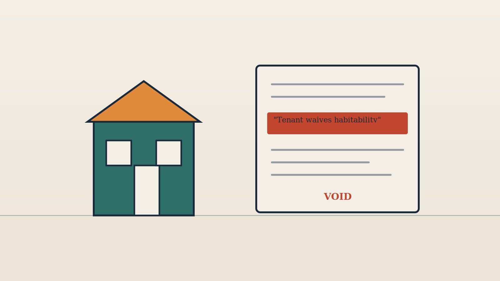 A person reading a residential lease document at a kitchen table, representing tenant rights